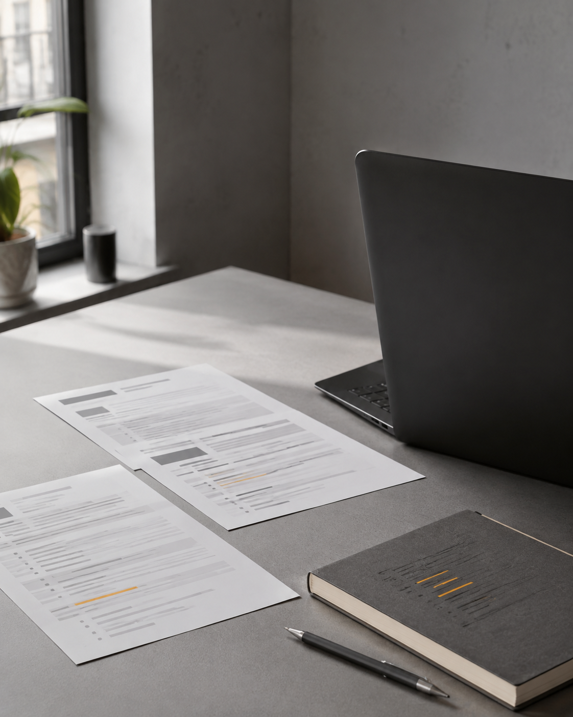 Job descriptions and a notebook arranged on a software engineer’s desk.