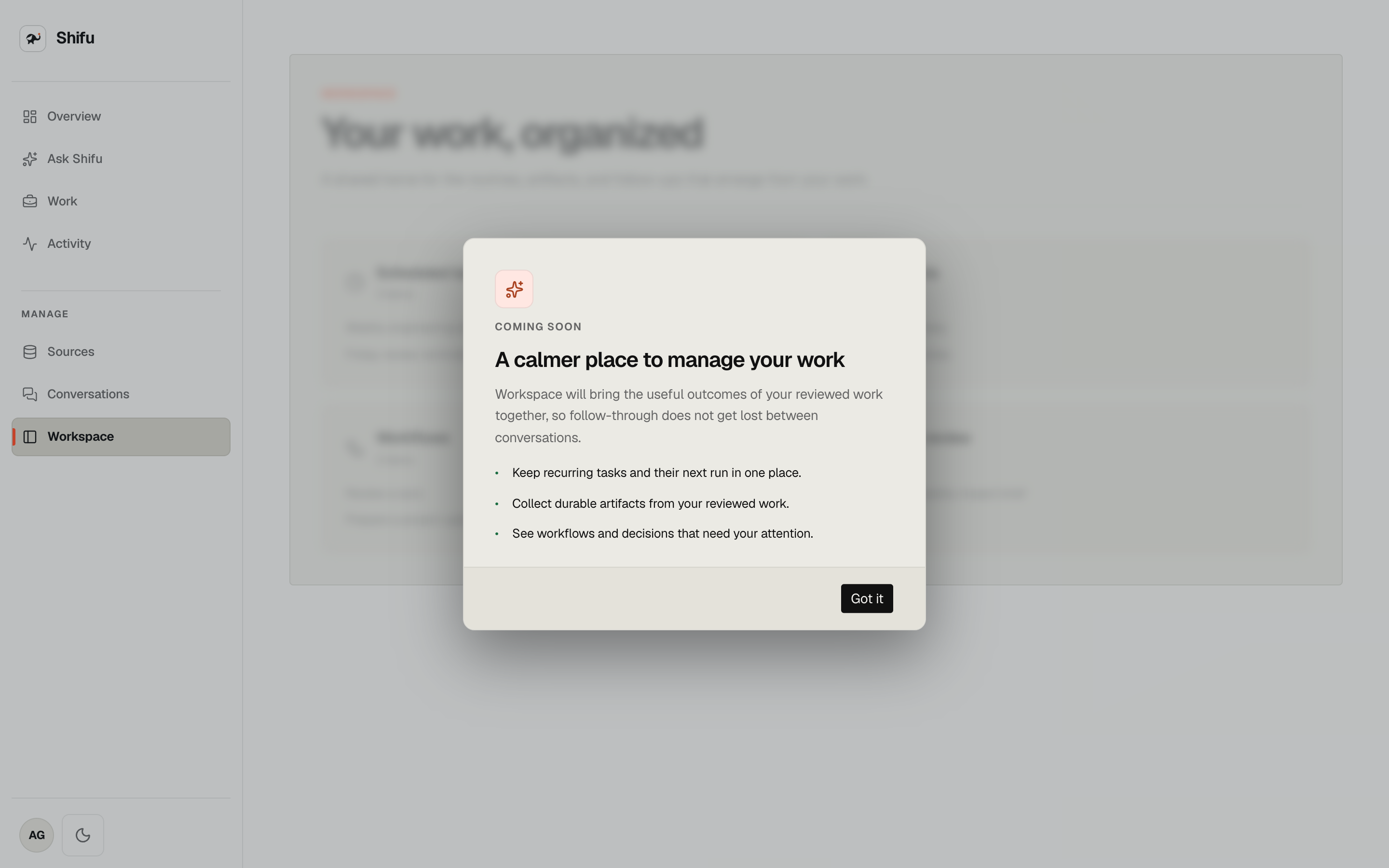 Shifu Workspace coming-soon message over a preview of organized work