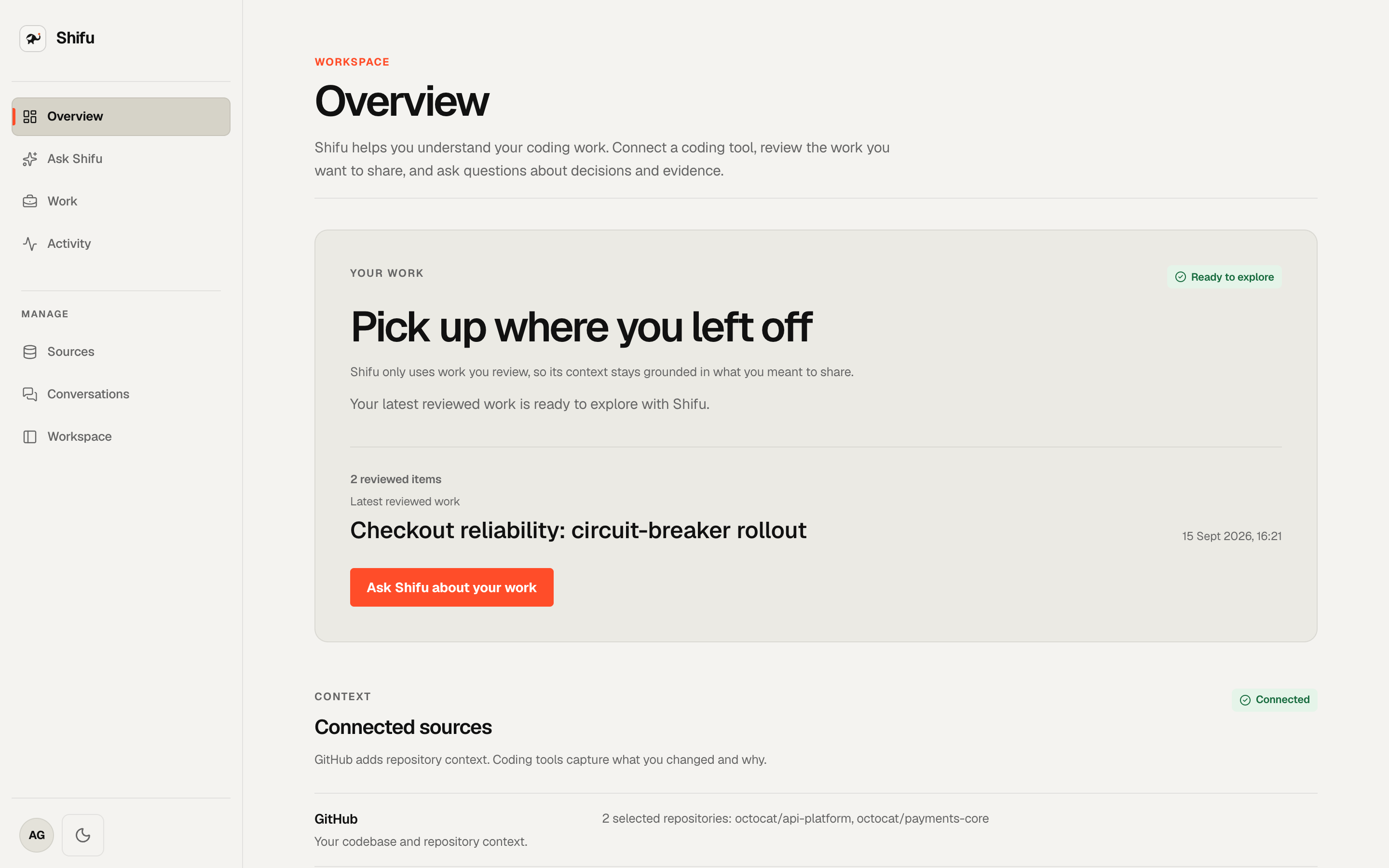 Shifu Overview page showing reviewed checkout reliability work and connected sources