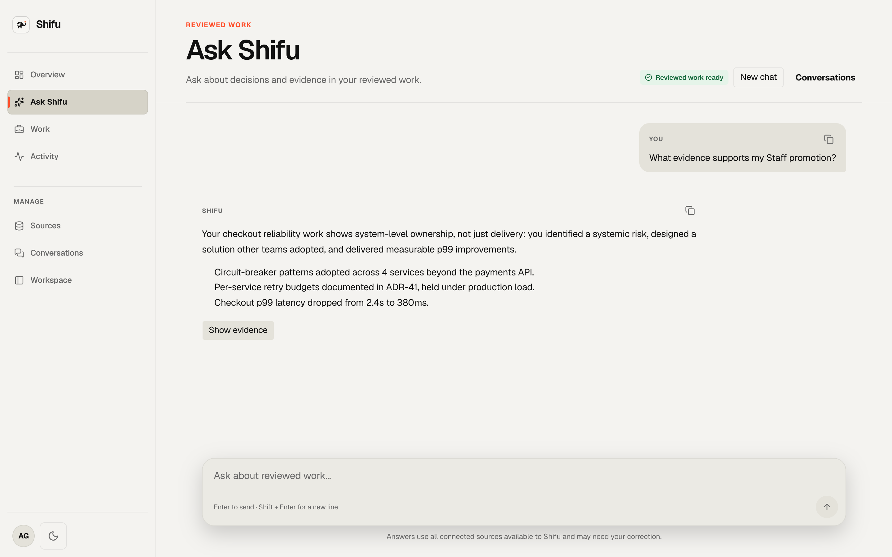 Shifu answering a Staff promotion question using checkout reliability evidence