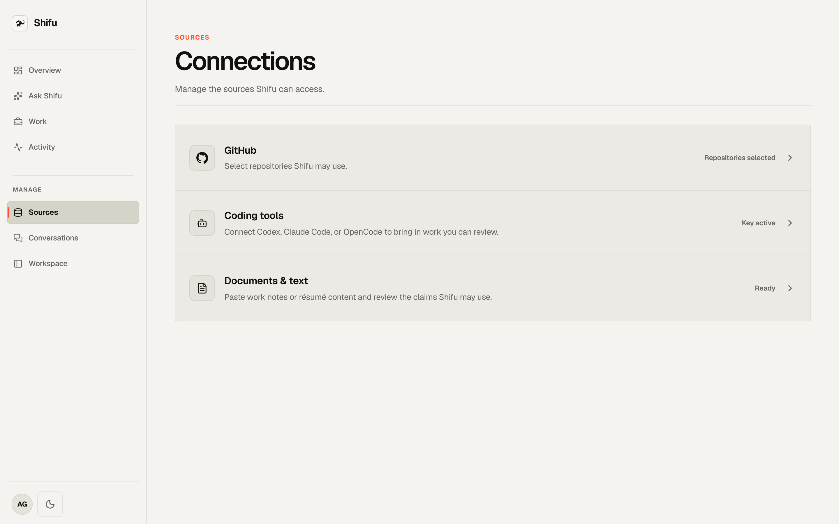 Shifu Connections page showing GitHub, coding tools, and documents sources